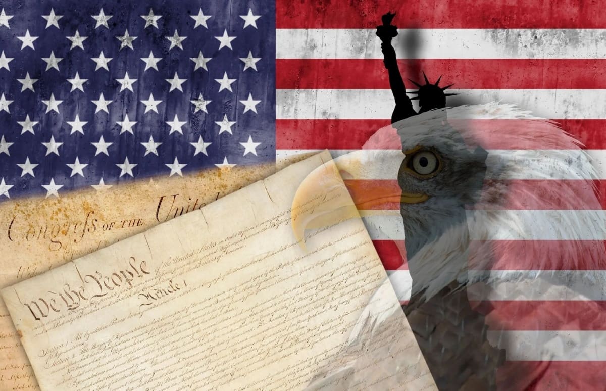 A collage of american flag, declaration and eagle.